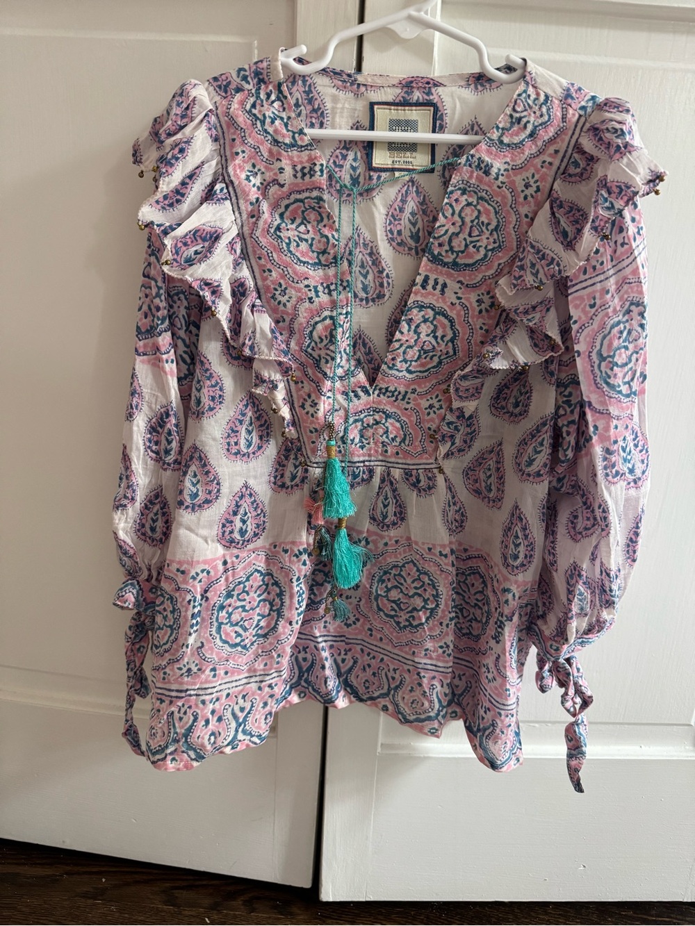 Bell by Alicia Bell Boho Tassel Peasant Top - Pink & Teal